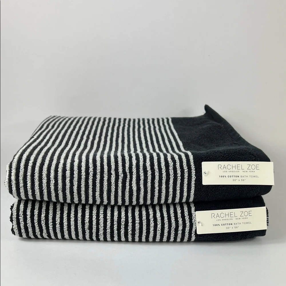 Rachel Zoe Bath Towels Black Cream Striped Plush Luxury 100% Cotton Set of 2 NEW